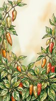 Hand-drawn botanical illustration of chili pepper plants with red, orange, and yellow pods and green foliage on cream background. Suitable for culinary, gardening, and educational design projects.