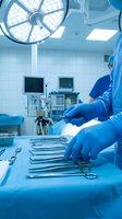 Surgeon preparing sterile surgical instruments in modern operating room with LED lights and medical equipment for hospital procedure.