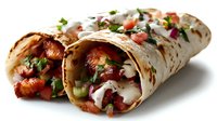 Delicious chicken shawarma wrap with grilled meat, fresh vegetables, and creamy sauce on white tortilla, perfect for menu photography.