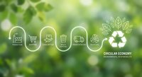 Circular economy concept with white line icons showing sustainable lifecycle from production to recycling on green natural bokeh background for eco business.