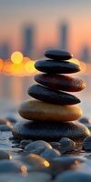 Zen stone stack balanced on water with warm city lights bokeh background at sunset creating peaceful meditation and wellness atmosphere.