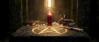 Ancient mystical altar with pentagram circle, red candles, old books and chalice in atmospheric dungeon setting for occult ritual ceremonies.
