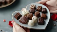 Assorted luxury chocolate pralines and truffles on heart shaped plate. Dark and white chocolate bonbons with different decorations and fillings for Valentine's day.