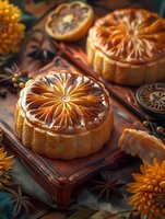 Traditional mooncakes with golden brown lotus pattern crust on vintage wooden board, decorated with star anise and yellow chrysanthemum flowers in dark moody setting.