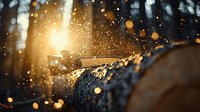 Sunlight breaking through winter forest with falling snow creating magical bokeh effect on tree bark texture in golden hour atmosphere.