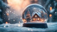 Magical snow globe with glowing wooden cabin and decorated Christmas trees inside against blurred winter background with falling snow and bokeh lights.