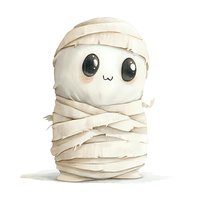 Cute cartoon mummy character with big eyes and kawaii face wrapped in bandages on white background. Perfect for Halloween designs.
