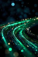 Magical green light trails with glowing particles and bokeh effects create dynamic swirling patterns against dark background, adding depth and movement.