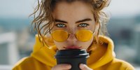 Young woman with curly hair in yellow hoodie wearing stylish yellow sunglasses, holding coffee cup against blurred urban background.