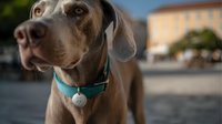 Close-up portrait of a Weimaraner dog with blue collar and tag against blurred urban background, showcasing loyal companion in outdoor setting.