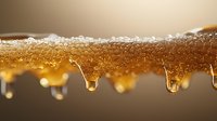 Golden honey drips forming translucent droplets against blurred background, macro photography shows natural crystalline texture and amber liquid flowing downward.
