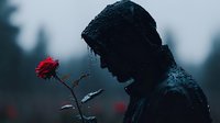 Silhouette of person in rain holding red rose against moody dark background. Dramatic atmospheric scene with water drops and misty forest backdrop. Emotional conceptual photography.
