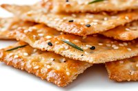 Crunchy salted crackers with sesame seeds and rosemary herbs stacked in layers, macro food photography showing detailed texture and golden-brown color.