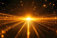 Radiant golden light rays burst from horizon point with glowing particles and streaks creating dramatic perspective effect for spiritual and technology backgrounds.
