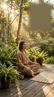 Young woman practicing mindfulness meditation on wooden deck surrounded by lush ferns and tropical plants in golden morning sunlight for wellness lifestyle.
