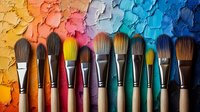 Paint brushes arranged in row against colorful oil paint palette background showing textured strokes in rainbow spectrum from yellow through blue, artistic composition.