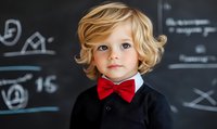 Young blonde boy in red bow tie and dark sweater standing against blackboard with mathematical equations for educational concepts.