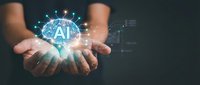 Businessman hands presenting glowing AI artificial intelligence hologram with network connections and digital data visualization for technology innovation.