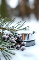 Frosted winter berries and pine needles frame elegant silver rings nestled in snow, creating romantic winter wedding atmosphere for engagement photography.