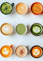 Nine colorful coffee cups with various beverages including matcha lattes, cappuccinos and specialty drinks arranged in grid pattern on white background for cafe menu.