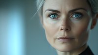 Young woman with striking blue eyes and blonde hair against blurred teal background, dramatic lighting emphasizes facial features in close-up portrait.