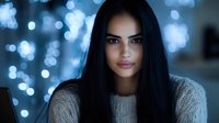Young Hispanic woman with long dark hair wearing cozy knit sweater against blurred blue bokeh lights background, soft evening portrait with gentle smile.