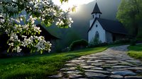 Serene white chapel on misty morning with stone path leading through blooming dogwood trees and lush green grass, creating peaceful spiritual atmosphere.