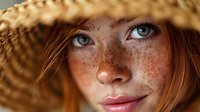 Young redhead woman with freckles wearing straw hat looking up with green eyes in warm sunlight for summer fashion and beauty concepts.