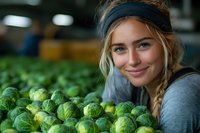 Young Caucasian female farmer wearing headband smiling at camera surrounded by fresh green Brussels sprouts in agricultural greenhouse, suitable for farming, agriculture, and organic produce marketing.