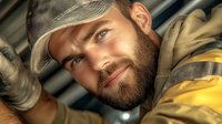 Confident bearded Caucasian male in baseball cap and yellow jacket smiling at camera with warm expression and intense gaze in dramatic lighting.