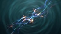 Abstract flowing energy waves with glowing particles and light trails creating dynamic motion against dark teal background for digital art projects.