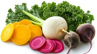 Fresh colorful root vegetables and leafy kale arranged on white background - sliced carrots, white turnip, pink candy stripe beets and dark beets with green tops.