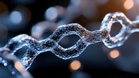 Twisted spiral DNA molecule structure in dark blue tones with bokeh light effects, scientific research concept for genetics and biotechnology studies.
