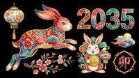 Colorful lunar new year 2035 rabbit clipart set isolated on transparent background, ready for T-shirts, stickers, print on demand, and sublimation designs.