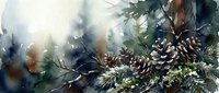 Watercolor winter forest scene with pine cones and snowy fir branches, soft misty background in blue and green tones.