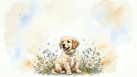 Golden retriever puppy sitting in wildflower meadow with watercolor background, adorable pet portrait for nursery decor and greeting cards.