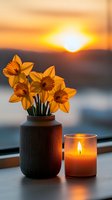 Yellow daffodils in ceramic vase next to glowing candle at sunset, creating cozy atmosphere with warm orange light and peaceful window view background.