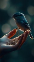 Small blue bird perched on open palm with seeds, backlit against dark green bokeh background, creating magical nature connection moment in soft evening light.