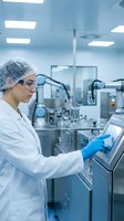 Female scientist in protective gear operating touchscreen control panel in sterile pharmaceutical manufacturing facility with modern equipment.