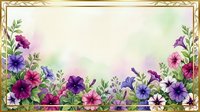 Watercolor floral frame with purple and pink pansies, green leaves on soft pastel background. Spring garden border for invitations, cards, decorations.