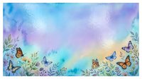 Watercolor spring background with colorful butterflies and botanical elements in soft pastel tones for greeting cards and seasonal designs.