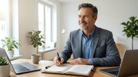 Middle-aged Caucasian male professional in business casual attire writing in notebook at desk with laptop, coffee cup, and potted plants in bright office environment. Suitable for business, productivity, and workplace concepts.