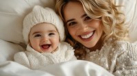 Joyful mother and baby in matching white knit sweaters share genuine laughter while lying on bed, expressing pure happiness and authentic family bonding moment.