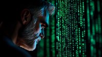Mature Caucasian programmer analyzing digital code matrix in dark room with green binary data streams reflecting on his concentrated face. Cybersecurity concept.
