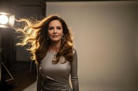 Young Caucasian woman model with flowing blonde hair in motion during professional photo shoot with studio lighting equipment and dramatic atmosphere.