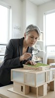 Mature woman architect examining wooden house model with magnifying glass in bright office, inspecting construction details and design quality.