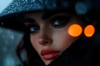 Close-up portrait of young woman with red lipstick and dramatic makeup under black hat, with blurred orange bokeh lights and moody dark atmosphere.