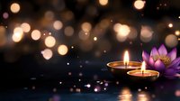 Glowing oil lamps with purple lotus flower on dark water surface with golden bokeh lights creating peaceful meditation and spa atmosphere.