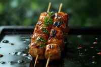 Grilled chicken yakitori skewers with sweet soy glaze and green onions on black plate, close up view showing caramelized sauce and char marks.