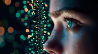 Close up view of bright blue eye with digital data visualization and glowing bokeh lights in dark background, representing artificial intelligence and future technology.